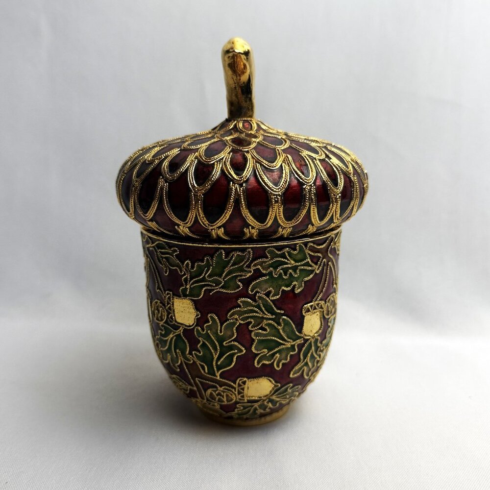 Cloisonne Acorn Lidded Jar NYCO Nicki Yassaman Red Green Gold Oak Leaves 6”